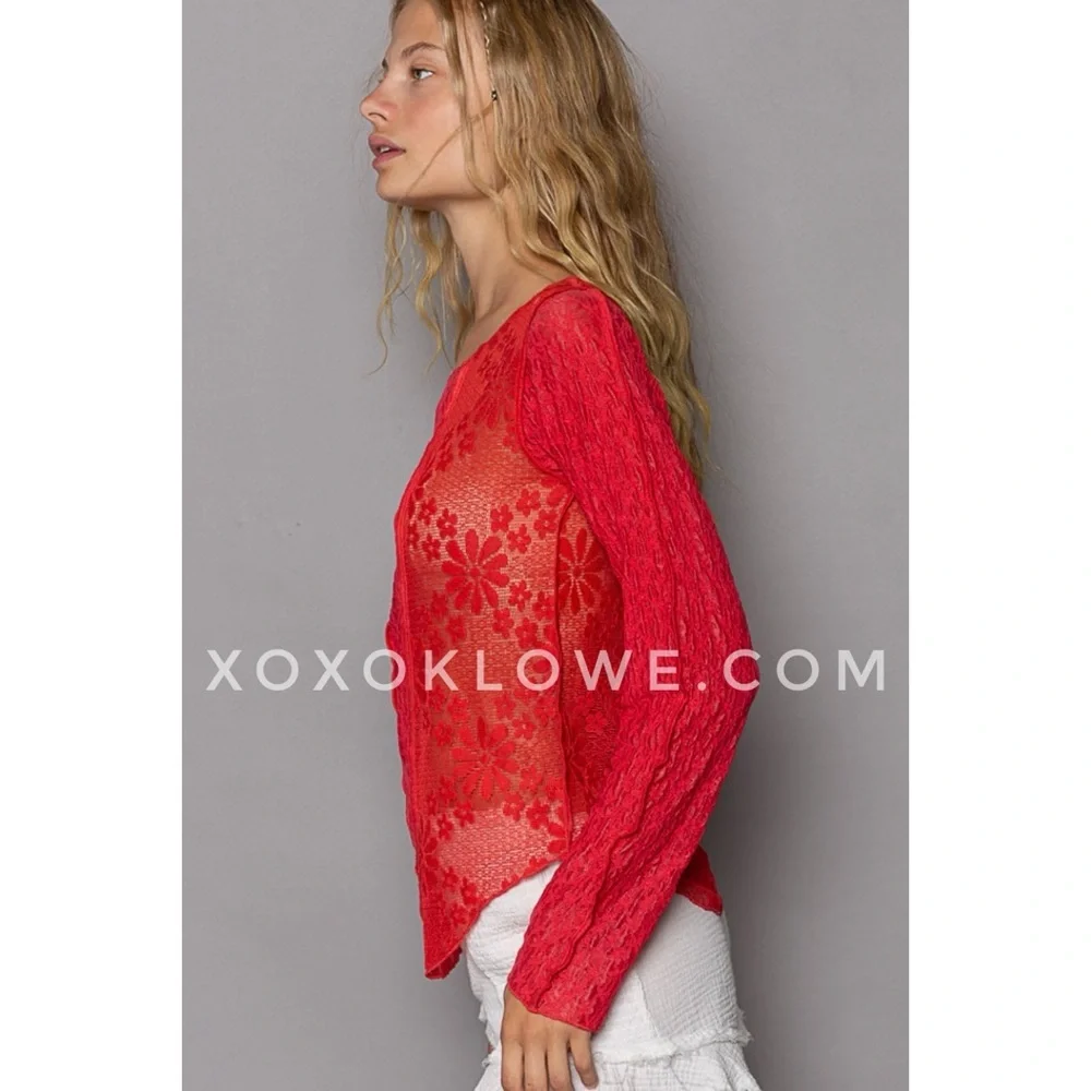 POL Red Lace Blouse | Mixed Pattern Long Sleeve Round Hem